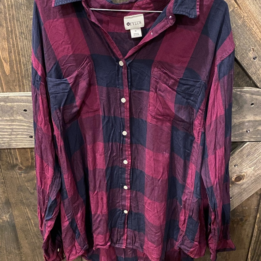 STYLUS Burgundy and Navy Plaid Shirt